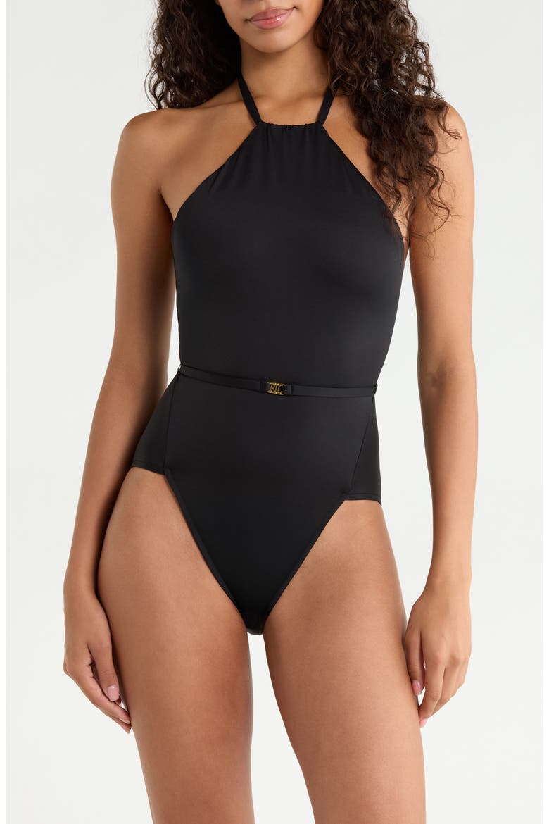 Belted High Neck One-Piece Swimsuit, Main, color, BLACK