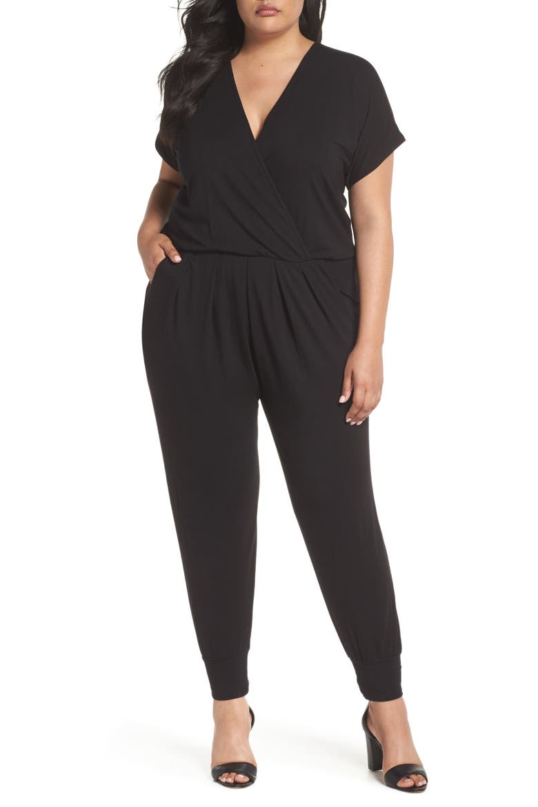 Short Sleeve Wrap Top Jumpsuit, Main, color, BLACK