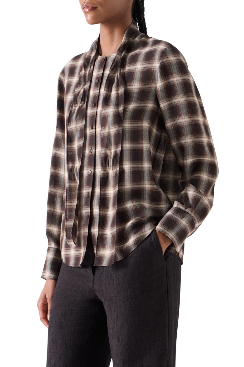 Check Tie Neck Shirt, Alternate, color, ESPRESSO-CASHEW