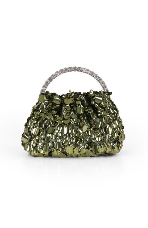 Holly Crinkle Sequin Crystal Handle Pouch Clutch
