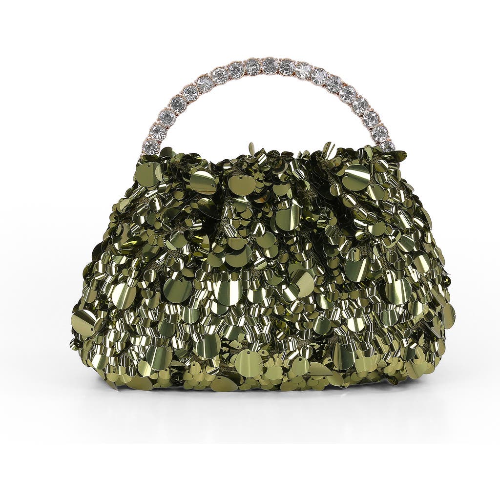 Jewel Badgley Mischka Holly Crinkle Sequin Crystal Handle Pouch Clutch in Green at Nordstrom, Size Small