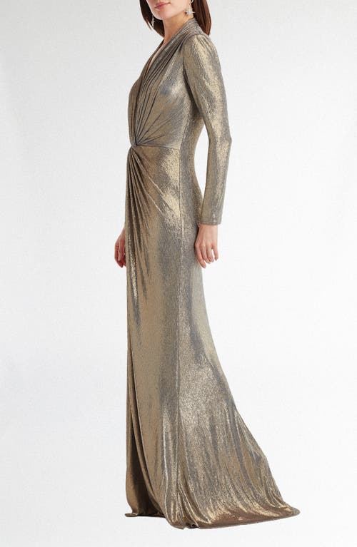 Tadashi Shoji Metallic Long Sleeve Liquid Jersey Gown In Neutral