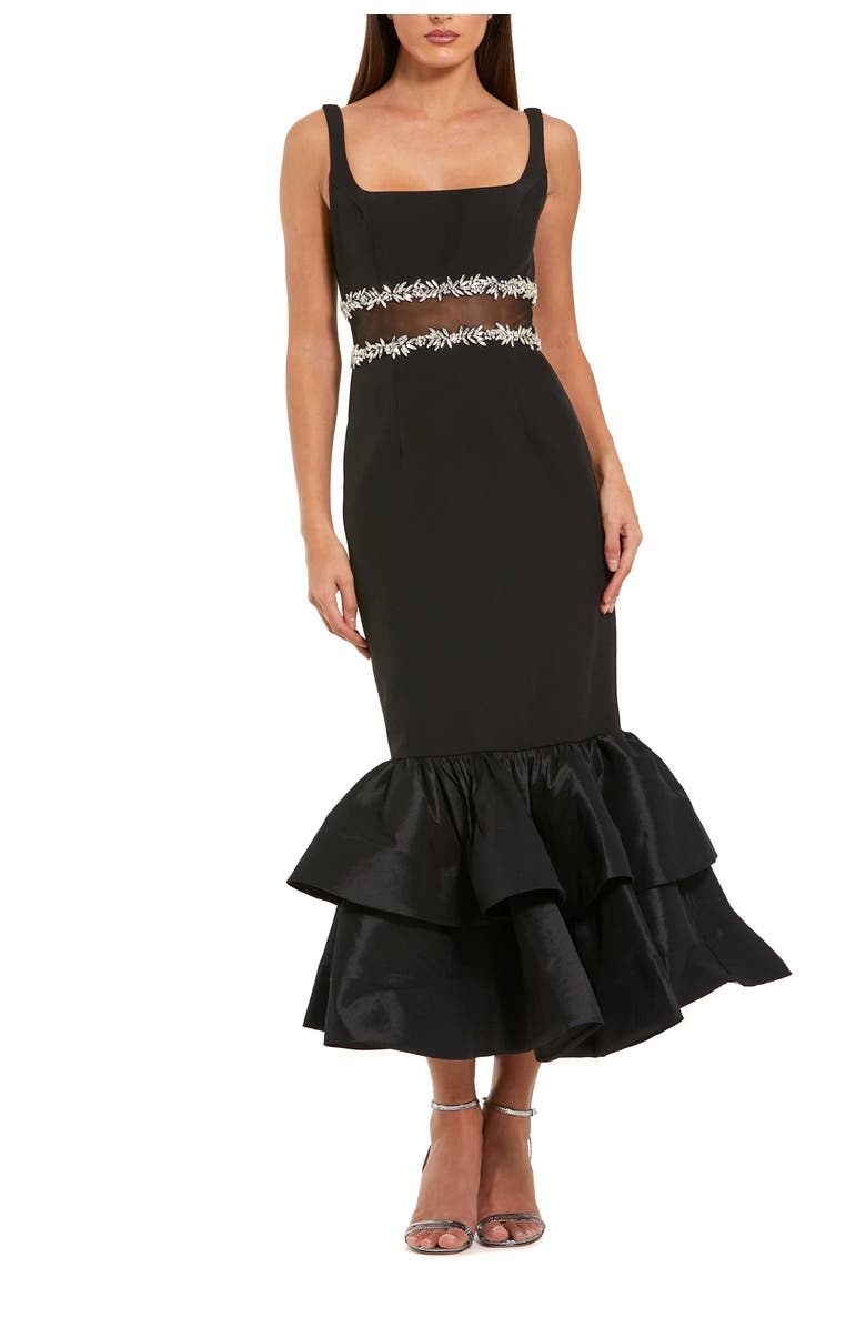 Mac Duggal Petite Satin Gown With Pearl Neckline and Bow Detail, Main, color, Black