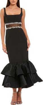Mac Duggal Petite Crepe Midi Dress with Jewel Detail & Ruffle Hem