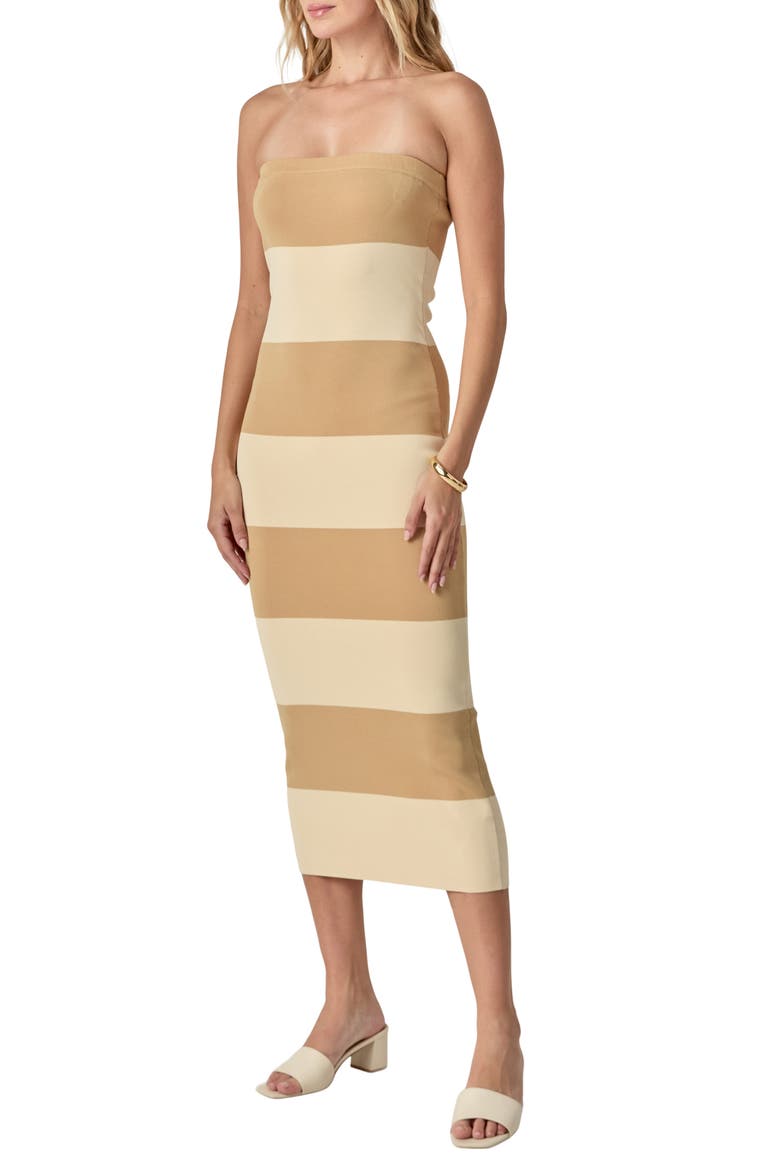 Stripe Strapless Tube Midi Dress, Alternate, color, BEIGE/ TAN