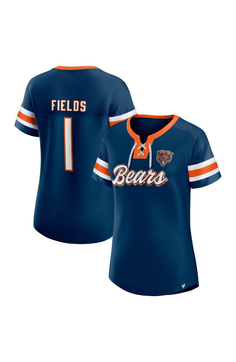 FANATICS Women's Fanatics Branded Justin Fields Navy Chicago Bears Athena Name & Number Notch Neck T-Shirt, Main, color, 