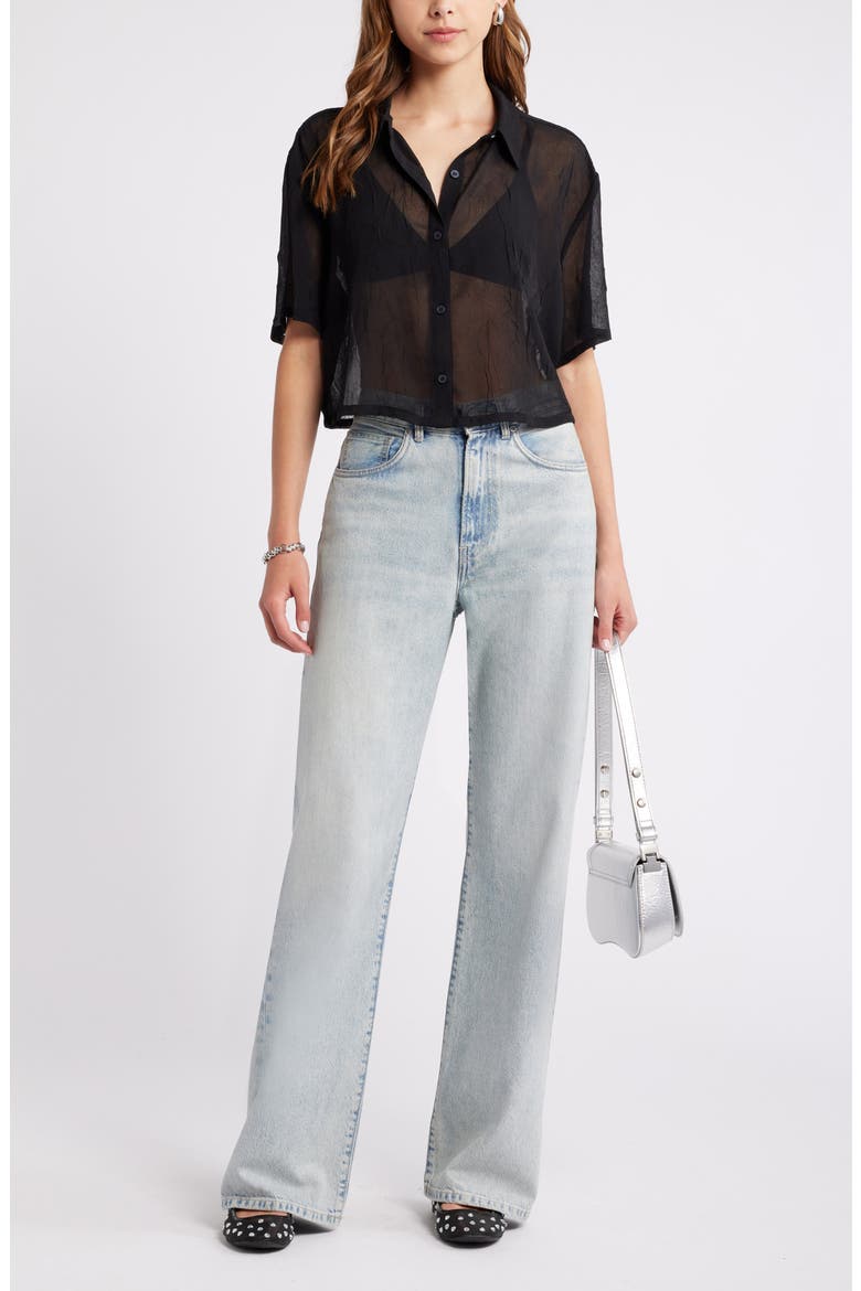 Sheer Crop Button-Up Shirt, Alternate, color, BLACK