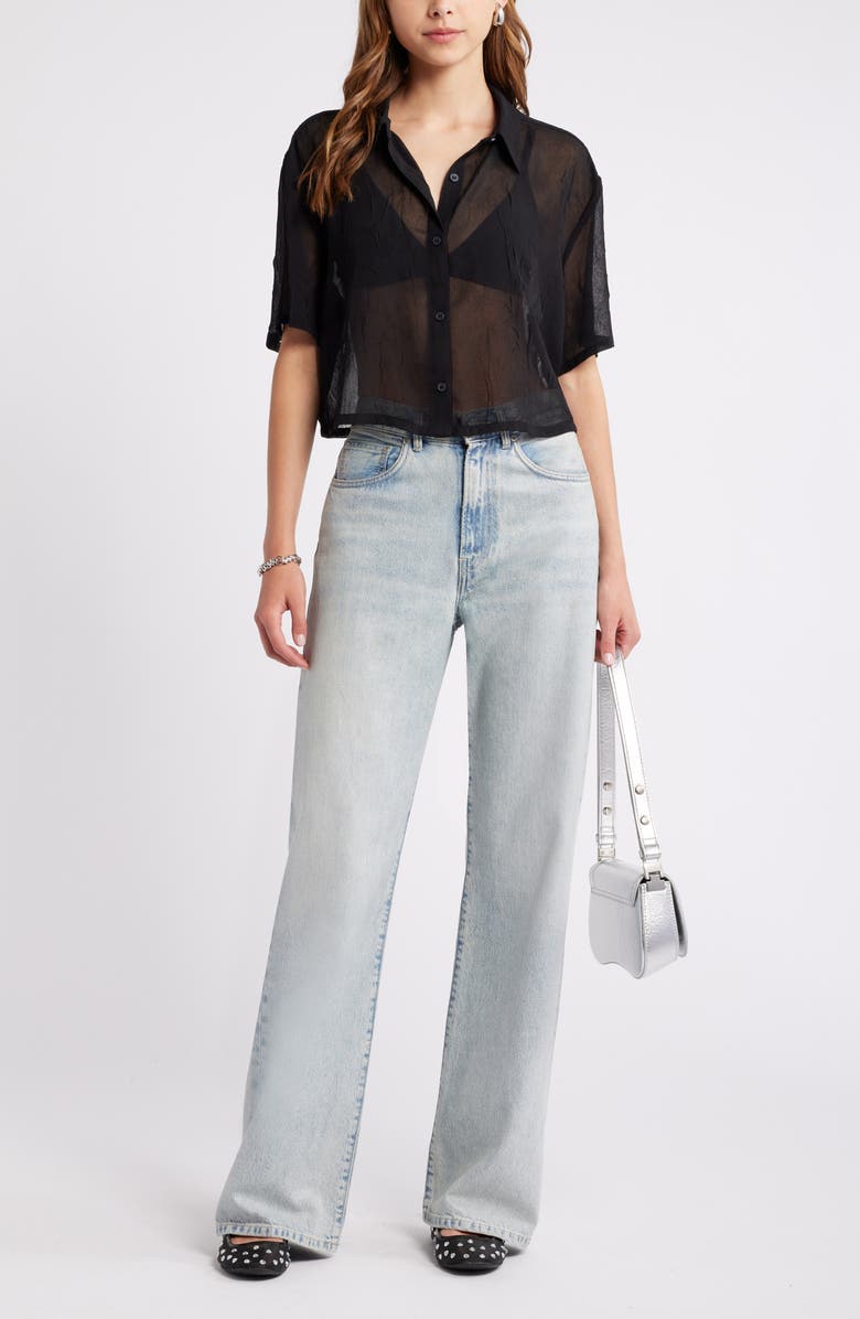 Open Edit Sheer Crop Button-Up Shirt, Alternate, color, Black