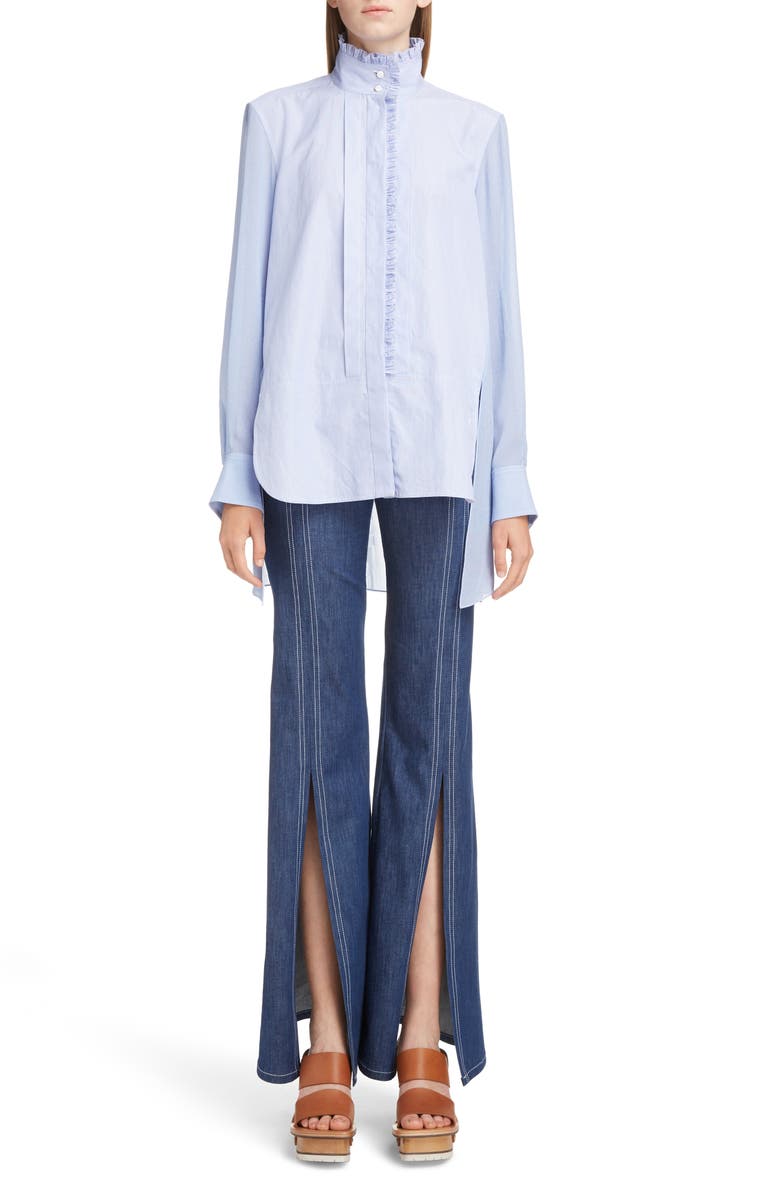 Chloé Ruffle Trim High/Low Poplin Shirt, Alternate, color, 