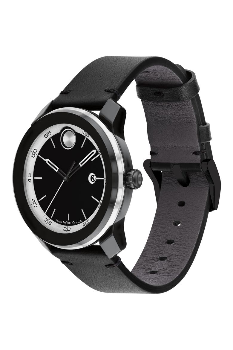 Bold TR90 Leather Strap Watch, 42mm, Alternate, color, BLACK DIAL
