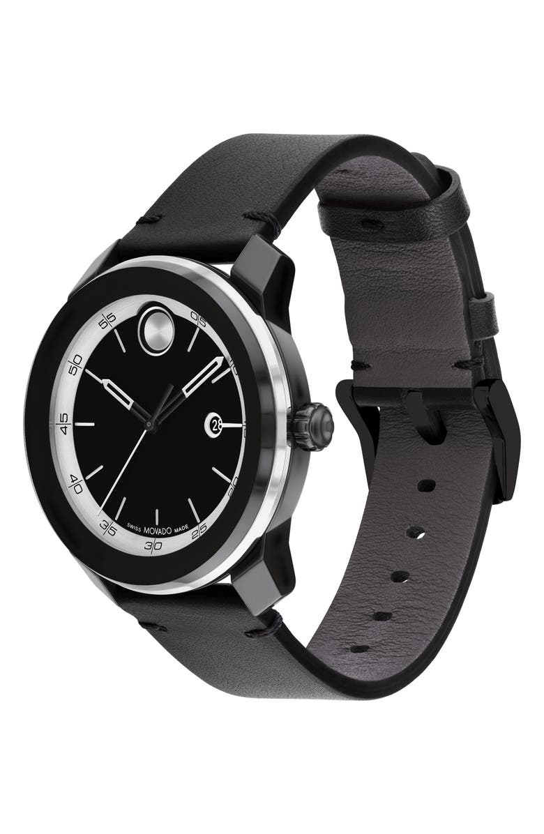 Movado Bold TR90 Leather Strap Watch, 42mm, Alternate, color, Black