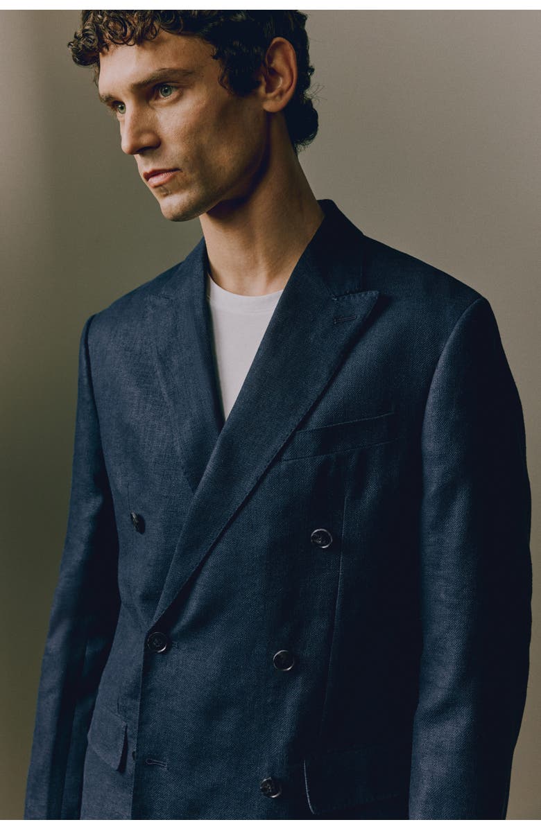 H&M Relaxed Fit Double-breasted Linen-blend Jacket, Alternate, color, Navy Blue