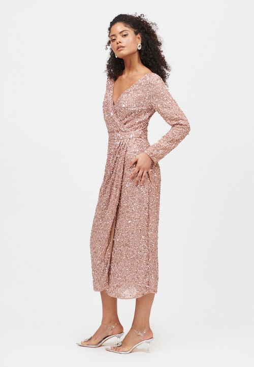 Beauut Embellished Sequin Beaded Maxi Wrap With Sleeves Dress In Taupe Blush