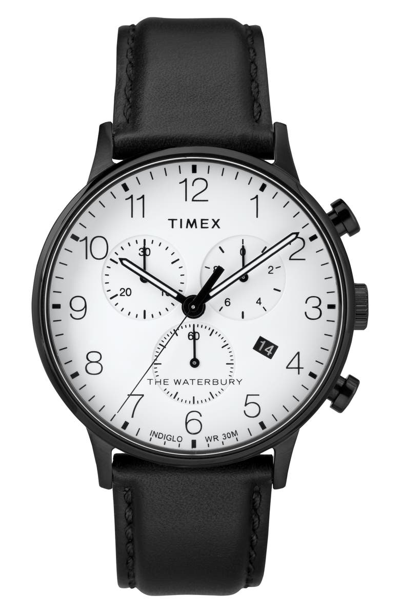 Timex<sup>®</sup> Waterbury Chronograph Leather Strap Watch, 40mm, Main, color, 