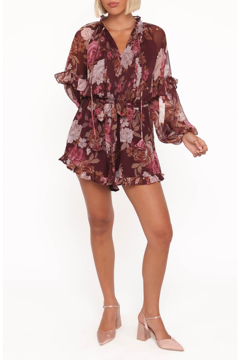 Delaney Floral Print Ruffle Chiffon Romper, Main, color, BRANDY BLOOM