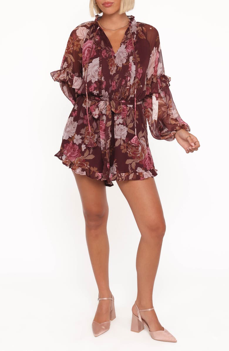 Petal & Pup Delaney Floral Print Ruffle Chiffon Romper, Main, color, Brandy Bloom