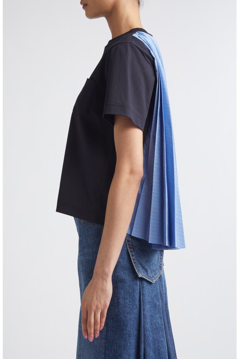 Mixed Media Pleated Poplin & Jersey Pocket T-Shirt, Alternate, color, NAVY/ BLUE STRIPE