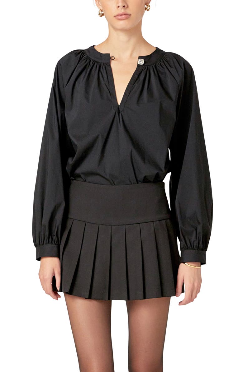 English Factory Rhinestone Button Shirred Cotton Blend Top, Main, color, Black