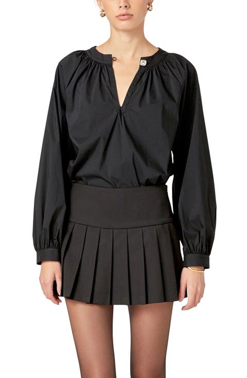 Rhinestone Button Shirred Cotton Blend Top