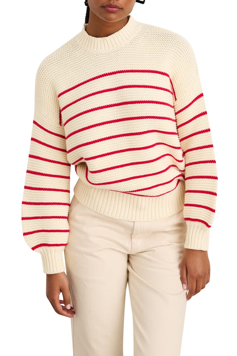 Women's Stripe Button Back Cotton Crewneck Sweater, Main, color, IVORY/ RED