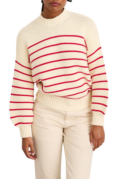 Women's Stripe Button Back Cotton Crewneck Sweater