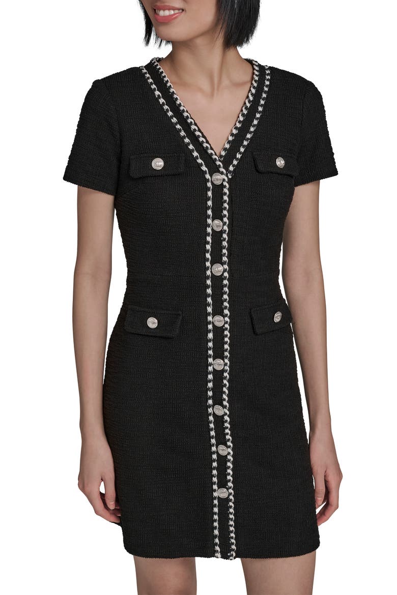 Braided Trim Tweed Sheath Dress, Main, color, BLACK