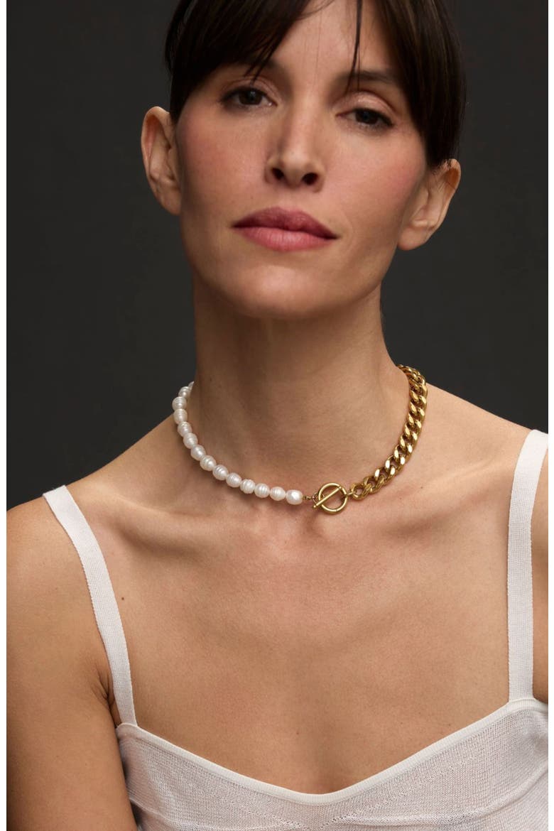 Freshwater Pearl & Curb Chain Toggle Necklace, Alternate, color, WHITE/ GOLD