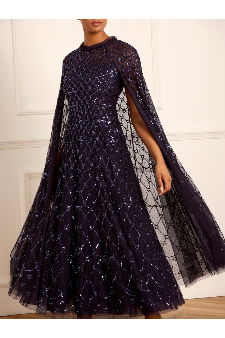 Heart Lattice Cape Ankle Gown, Alternate, color, Midnight