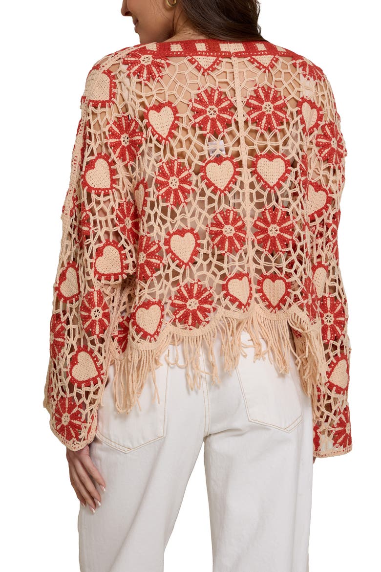 Heart Fringe Trim Crochet Poncho, Alternate, color, RED