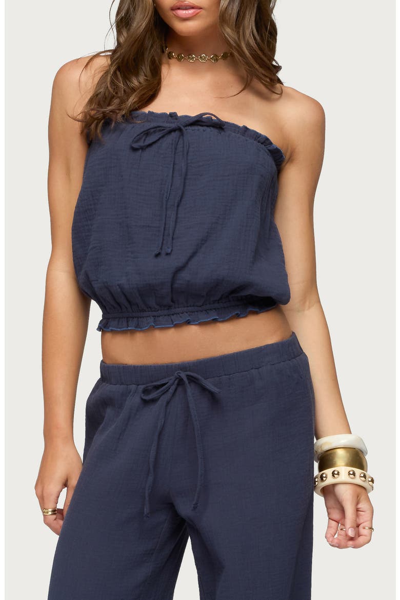 Viktoria Strapless Gauze Bubble Crop Top, Main, color, NAVY