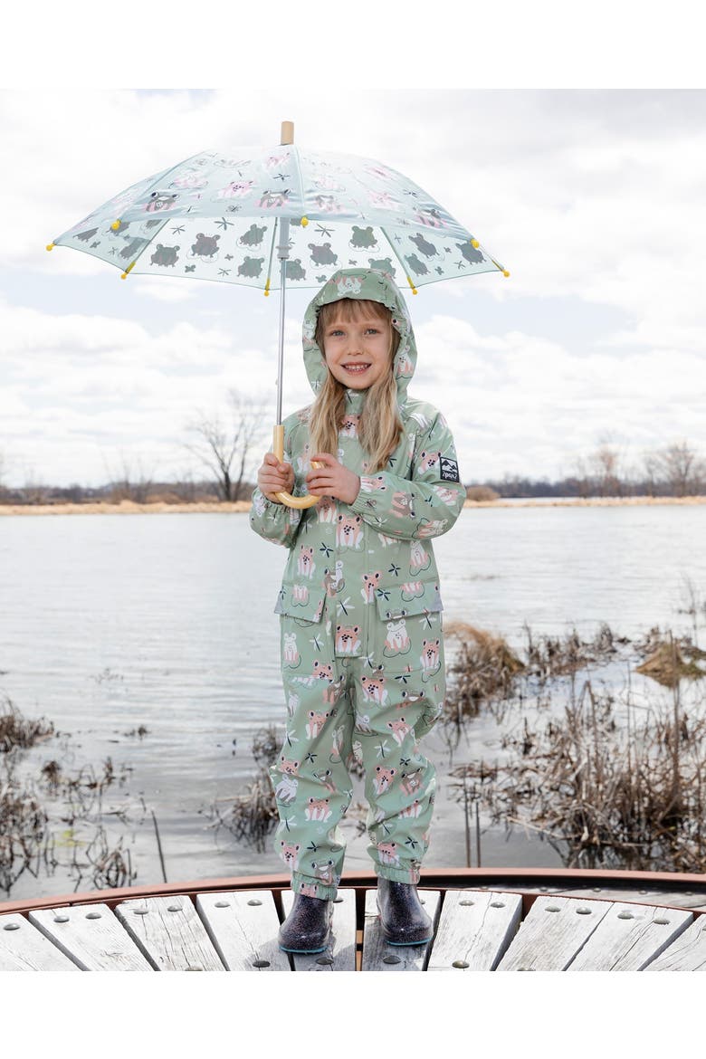 Girl Rain One-Piece Animal in Polyurethane, Alternate, color, Green with Frog Print