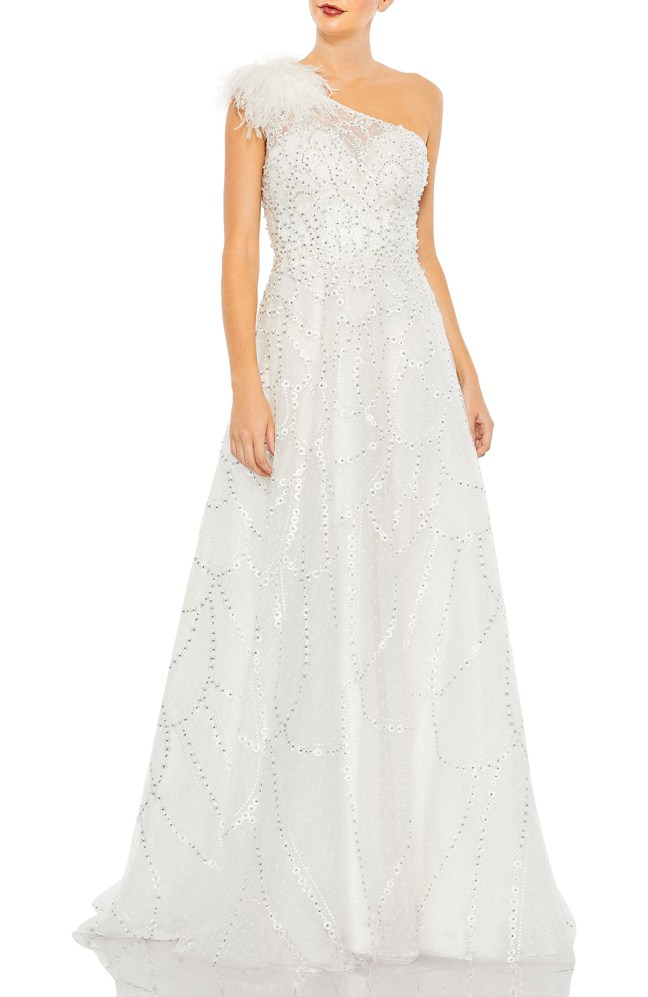 Embellished One-Shoulder A-Line Gown with Feather Accent - image 3