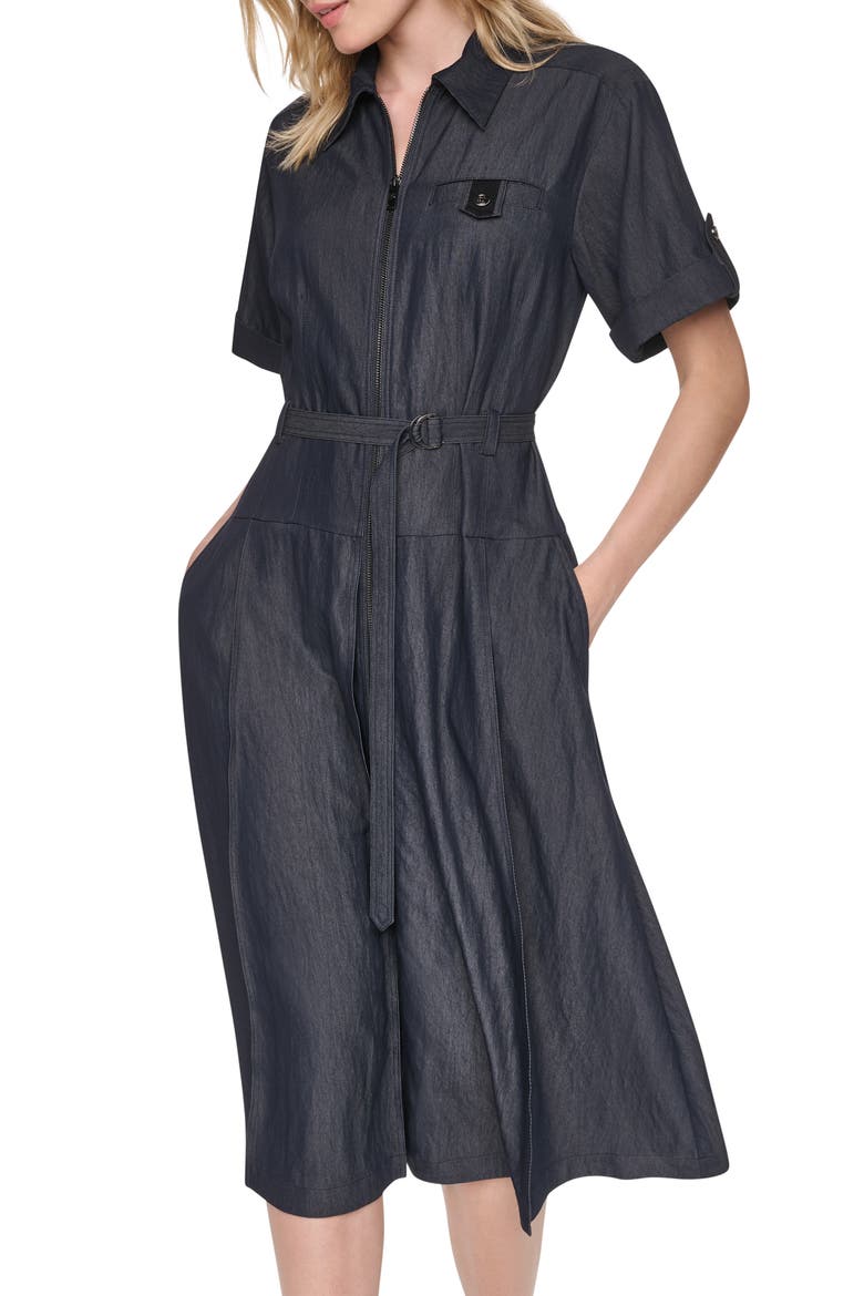Front Zip Belted Midi Dress, Alternate, color, DARK INDIGO WASH