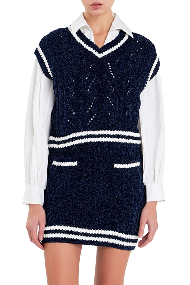 Stripe Trim Chenille Sweater Vest, Main, color, NAVY/ WHITE