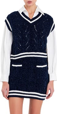 English Factory Stripe Trim Chenille Sweater Vest