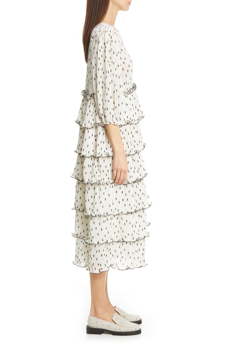 Ganni Polka Dot Tiered Long Sleeve Plissè Midi Dress, Alternate, color, 