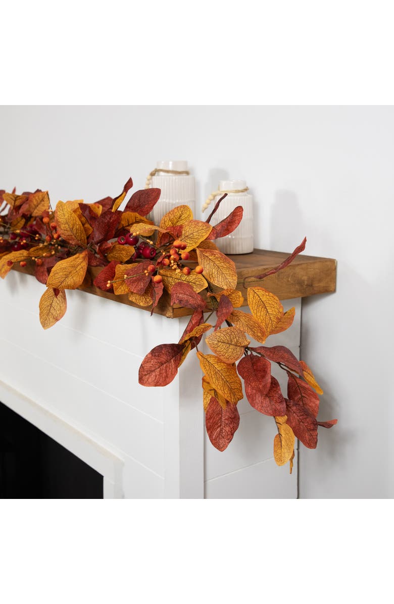 Northlight Autumn Magnolia Leaves and Mixed Berries Artificial Fall Harvest Garland - 5' x 8", Alternate, color, Red