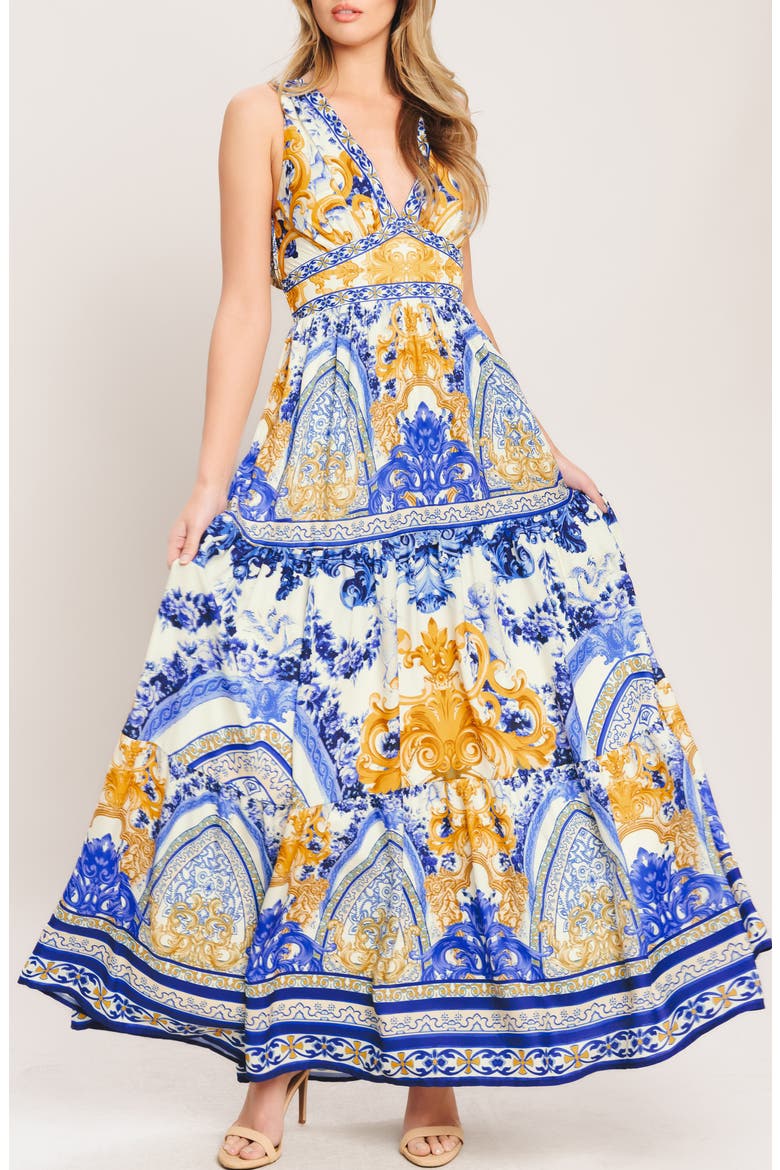 Print Maxi Dress, Alternate, color, OFF WHITE BLUE GOLD