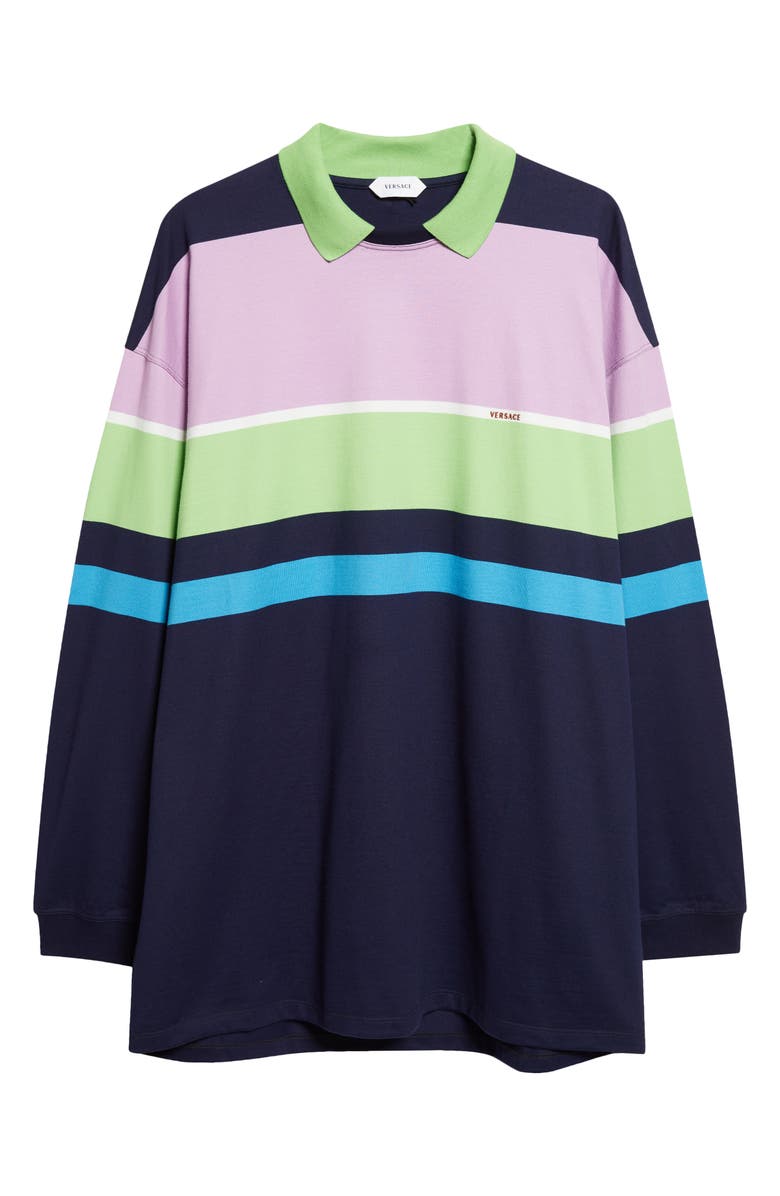 Versace Stripe Cotton Jersey Polo, Main, color, Bright Pink Green Blue