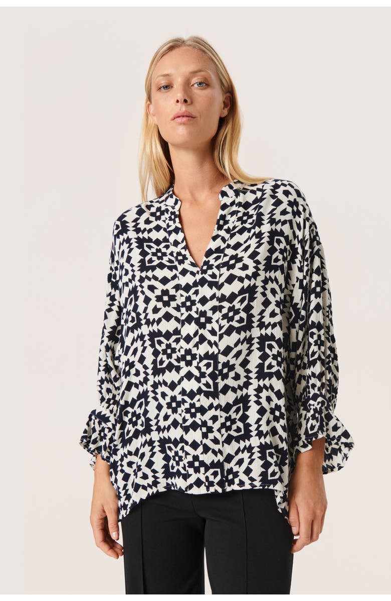 Soaked in Luxury Zaya 3/4 Sleeves V-Notch Neck Blouse, Main, color, White And Navy Folklore