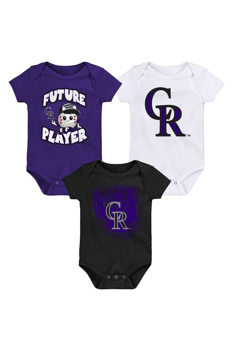 Newborn & Infant Purple/Black/White Colorado Rockies Minor League Player Three-Pack Bodysuit Set, Main, color, Purple