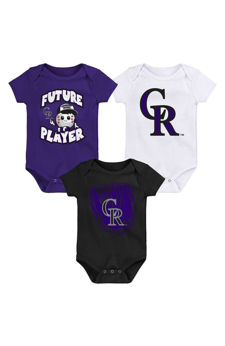Outerstuff Newborn & Infant Purple/Black/White Colorado Rockies Minor League Player Three-Pack Bodysuit Set, Main, color, Purple