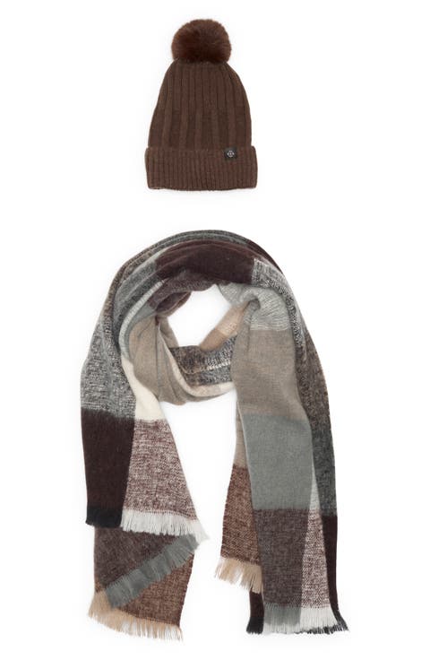 Faux Fur Pompom Beanie & Scarf Set