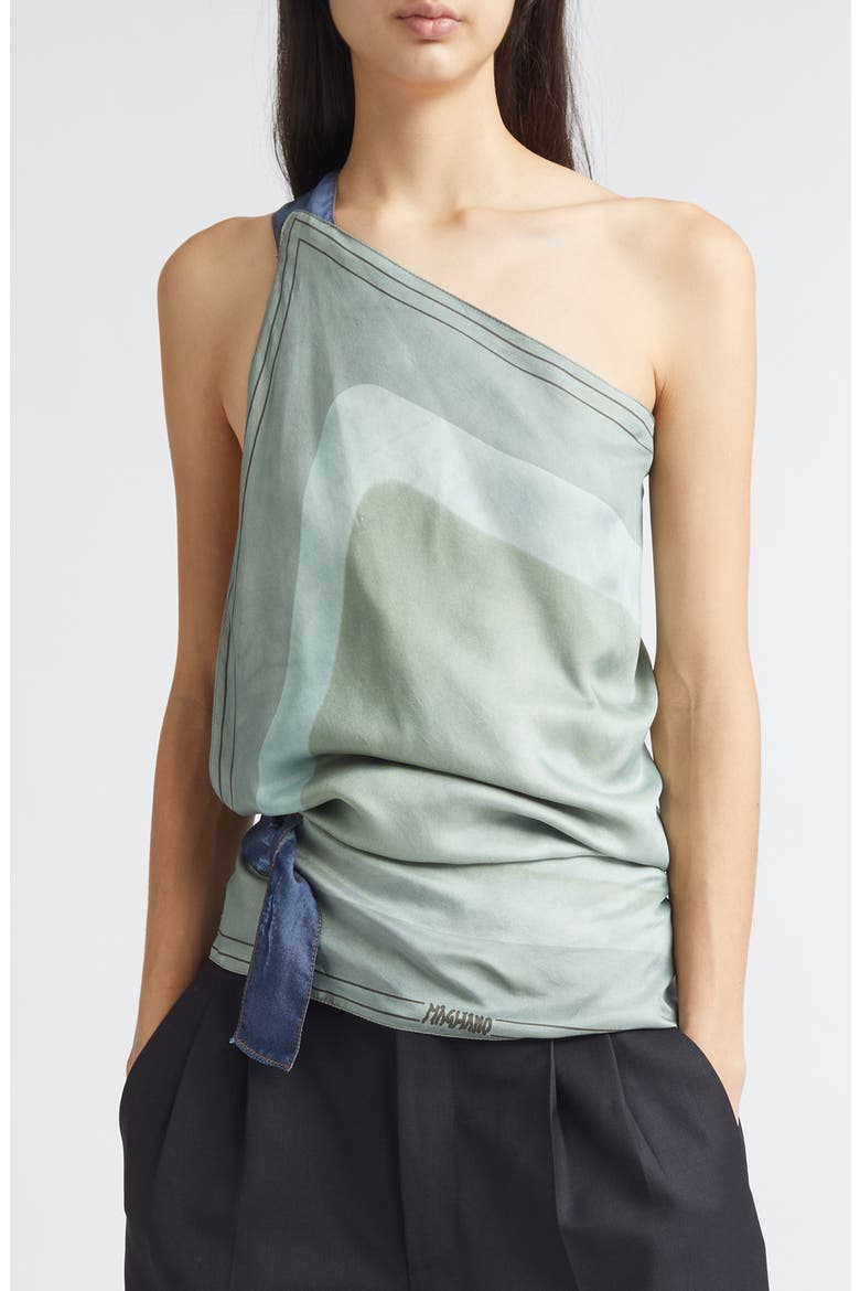 Manifesto Silk Scarf One-Shoulder Halter Top, Main, color, GREEN
