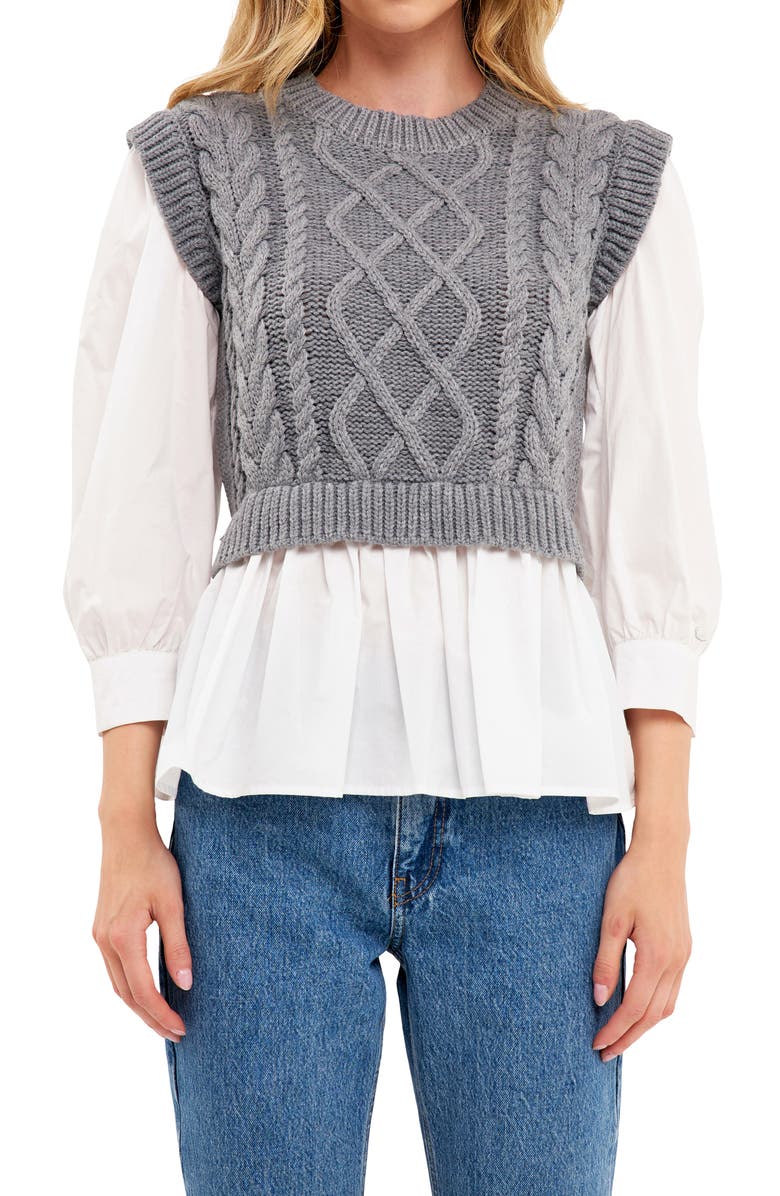 English Factory Mixed Media Cable Sweater, Alternate, color, Heather Grey/ White