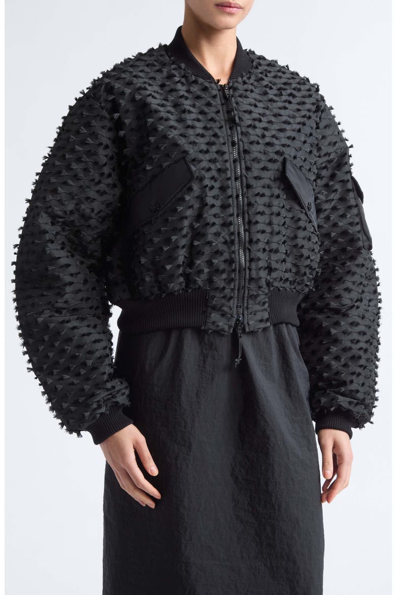 Callie Embroidered Crop Bomber Jacket, Alternate, color, BLACK