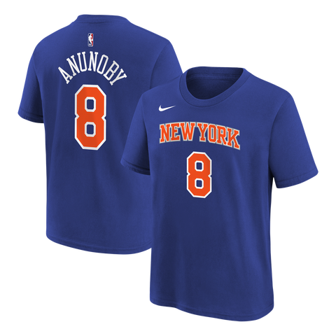 Youth Nike OG Anunoby Blue New York Knicks Icon Name & Number T-Shirt