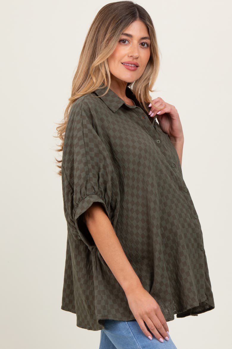 Checker Print Short Sleeve Oversized Blouse, Alternate, color, Olive Green