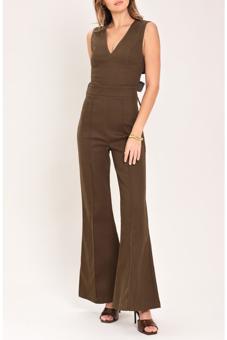 Sleeveless Tie Back Flare Leg Jumpsuit, Alternate, color, BROWN