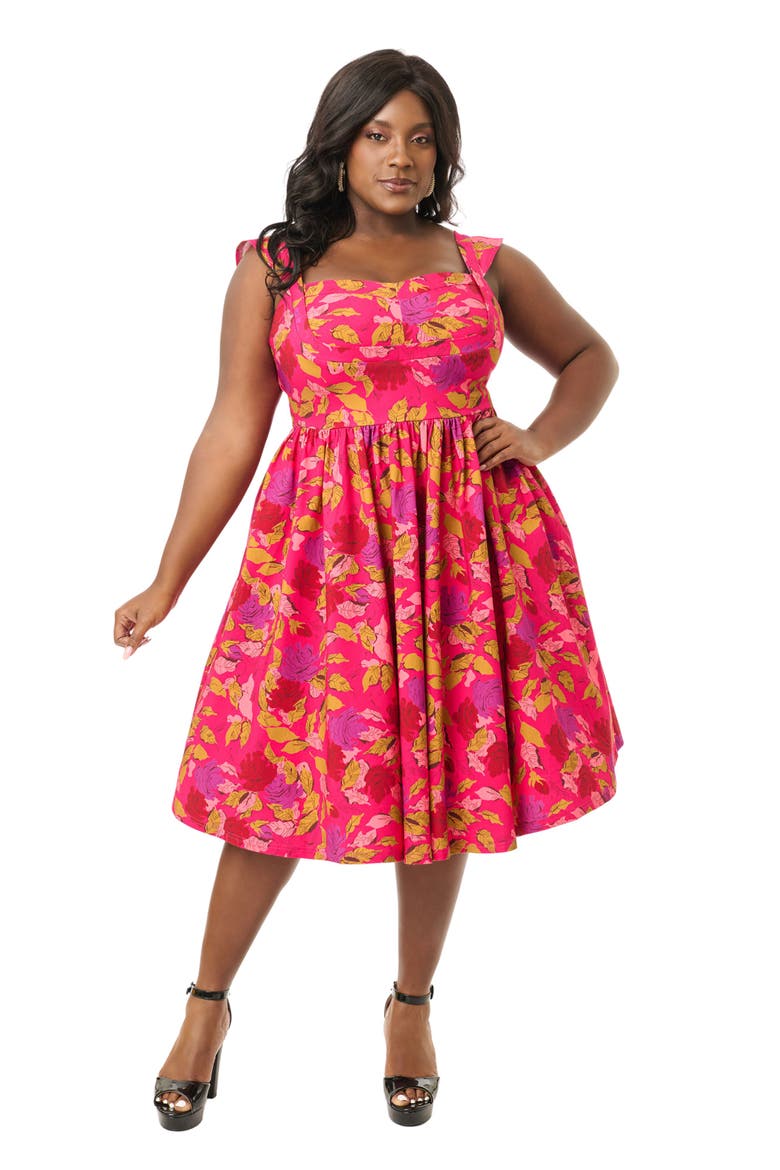Plus Size 1950s Sweetheart Sleeveless Swing Dress, Main, color, Pink Floral